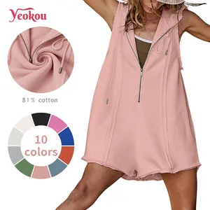 Yeokou Women's Short Half Zipper Sports Jumpsuit Sleeveless Loose Hoodie for Fitness Outdoor Leisure High Stretch Breathable Cotton - Clothes, Womenswear