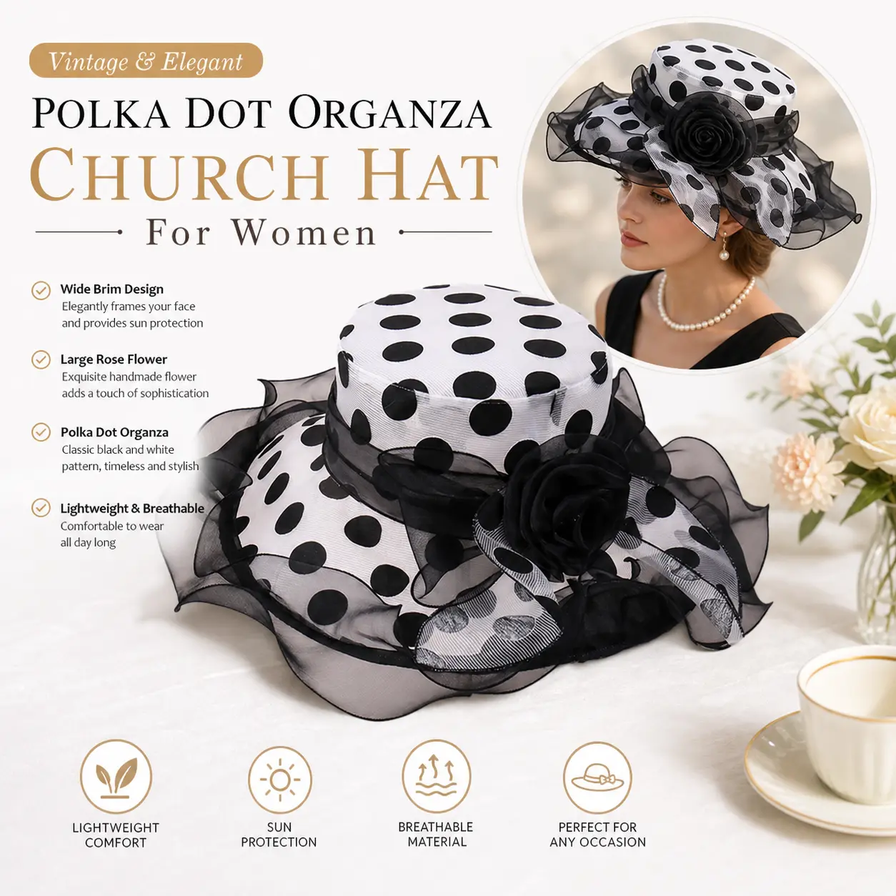 Women Vintage Black White Polka Dot Organza Church Hat for Women, Ruffled Wide Brim with Big Rose Flower Fascinator Hat, Elegant Tea Party Wedding Guest Sun Hat