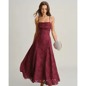 Wine Red Jacquard Slip Maxi Dress