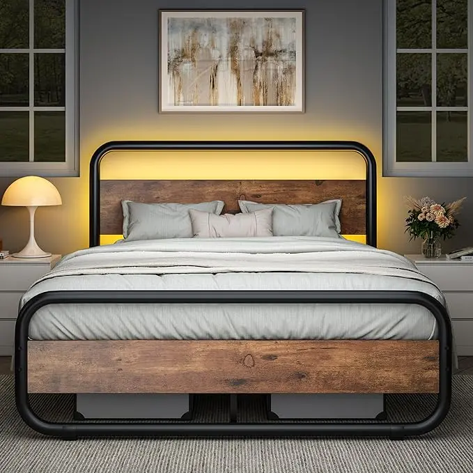 [SummerSale] HOMBCK Bed Frame with LED Light Headboard, Mattress not included, Rustic LED Metal Platform Bed, No Box Spring Needed #home essentials#back to school