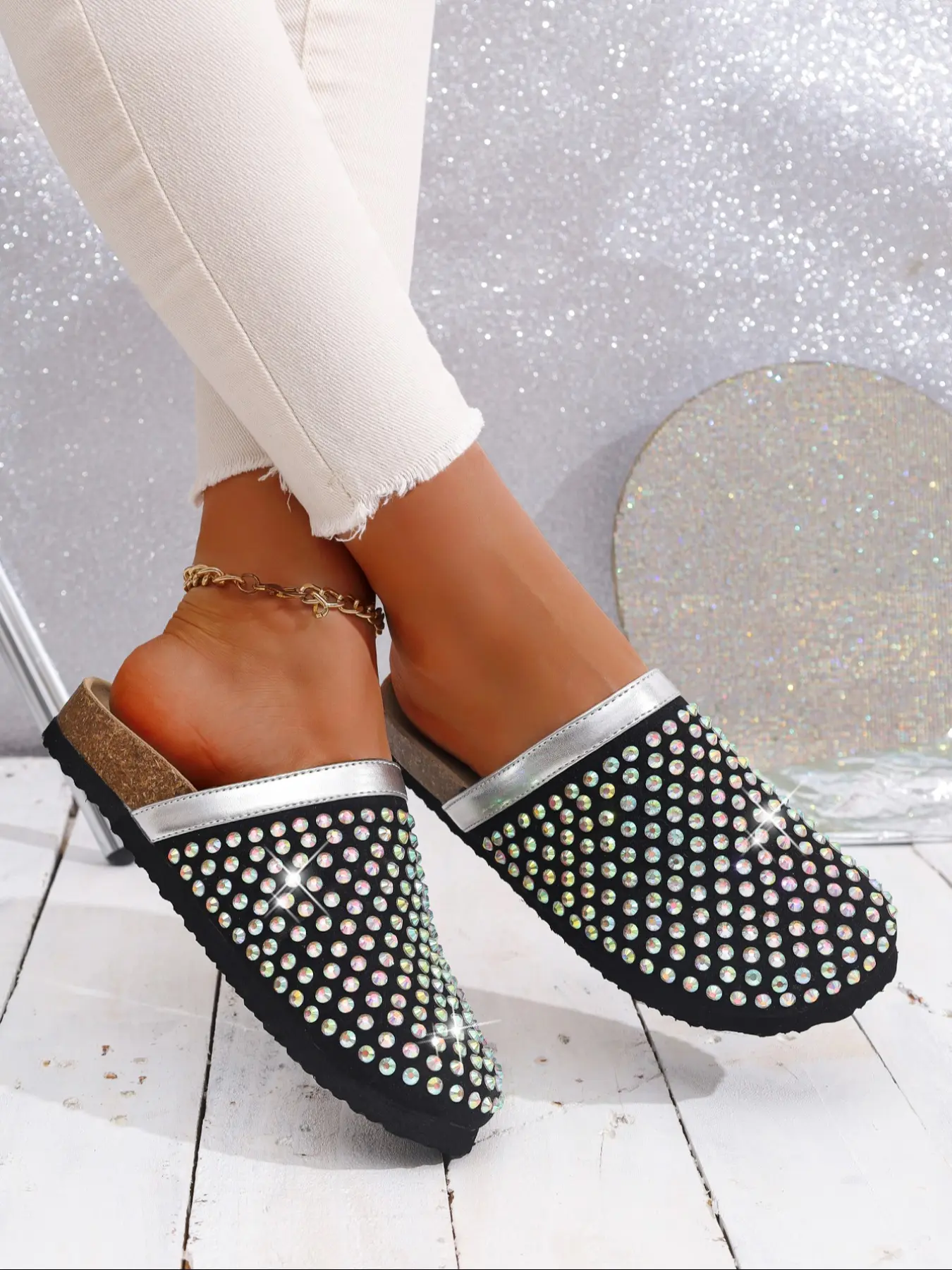 Women's Rhinestone Decorated Slip-On Mules, Mule Flats, Anti-Slip Thick Sole, Fashionable Indoor & Outdoor Casual Shoes, Comfortable One-Step Design, Thick Bottom Slippers, Rhinestone Studded Mules, Thick Soled Mules