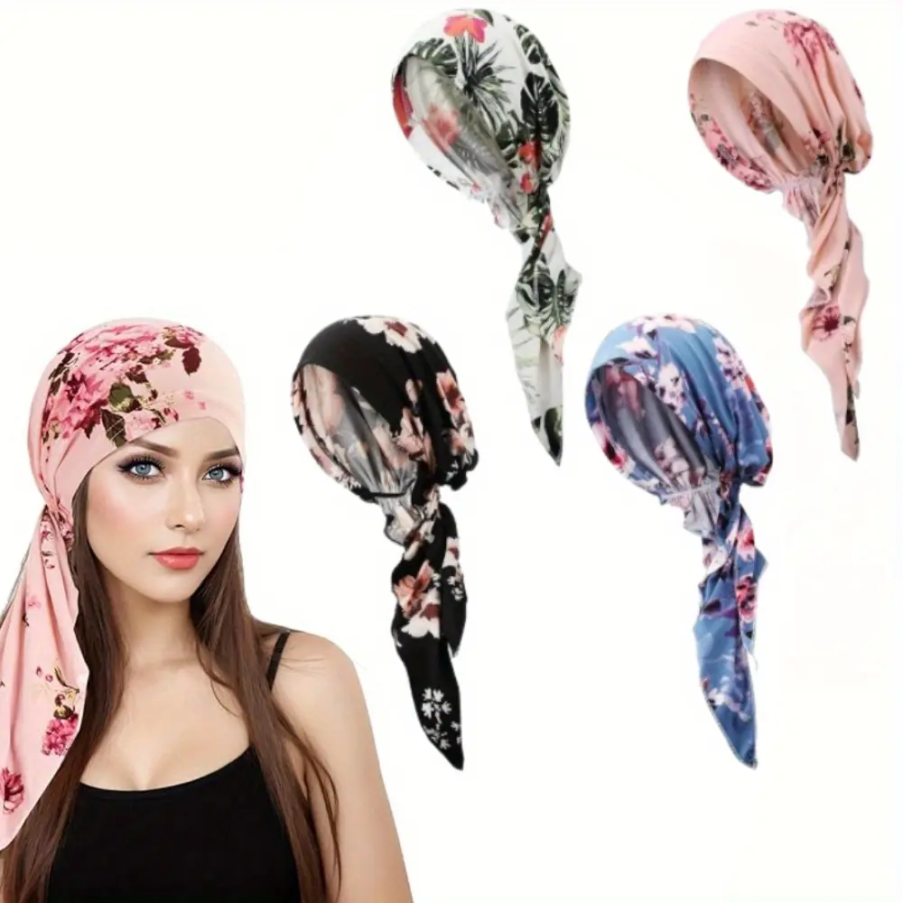 Women's 4-Piece Pre-Tied Turban Head Wraps, Polyester Soft Stretch Floral Breathable Headscarves, Ruffled Sports & Outdoor Beanies, Head Wrap
