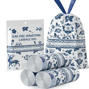 13 Gallon 60 Pack Drawstring Trash Bags Odorless Tall Kitchen Trash Bags, Blue and White Porcelain Theme Printing Strong Trash Bags, Leak-proof, Puncture-proof, Tear-proof, with Drawstring Closure, Durable, Suitable for Office, Kitchen, Bedroom Trash Cans