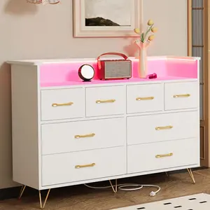 White 8 Drawer Dresser with LED Light and Charging Station Modern Wooden Chest of Drawers with Open Shelf for Bedroom Living Room