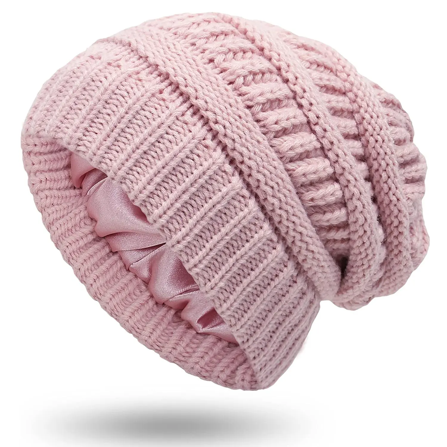 Comfort Satin Lined Knitted Beanie Hats for Women Winter Warm Stretch Slouch Cable Beanie with Satin Silk Lining