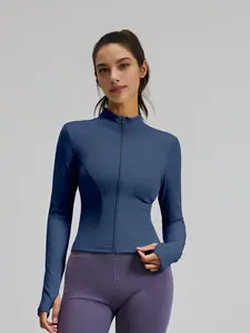 Women's Solid Zip Up Thumb Hole Sports Outwear, Quick Drying Breathable Long Sleeve Sports Top, Ladies Sportswear for Indoor Outdoor Wear, Sports Yoga Jacket, Lightweight Sports Jacket