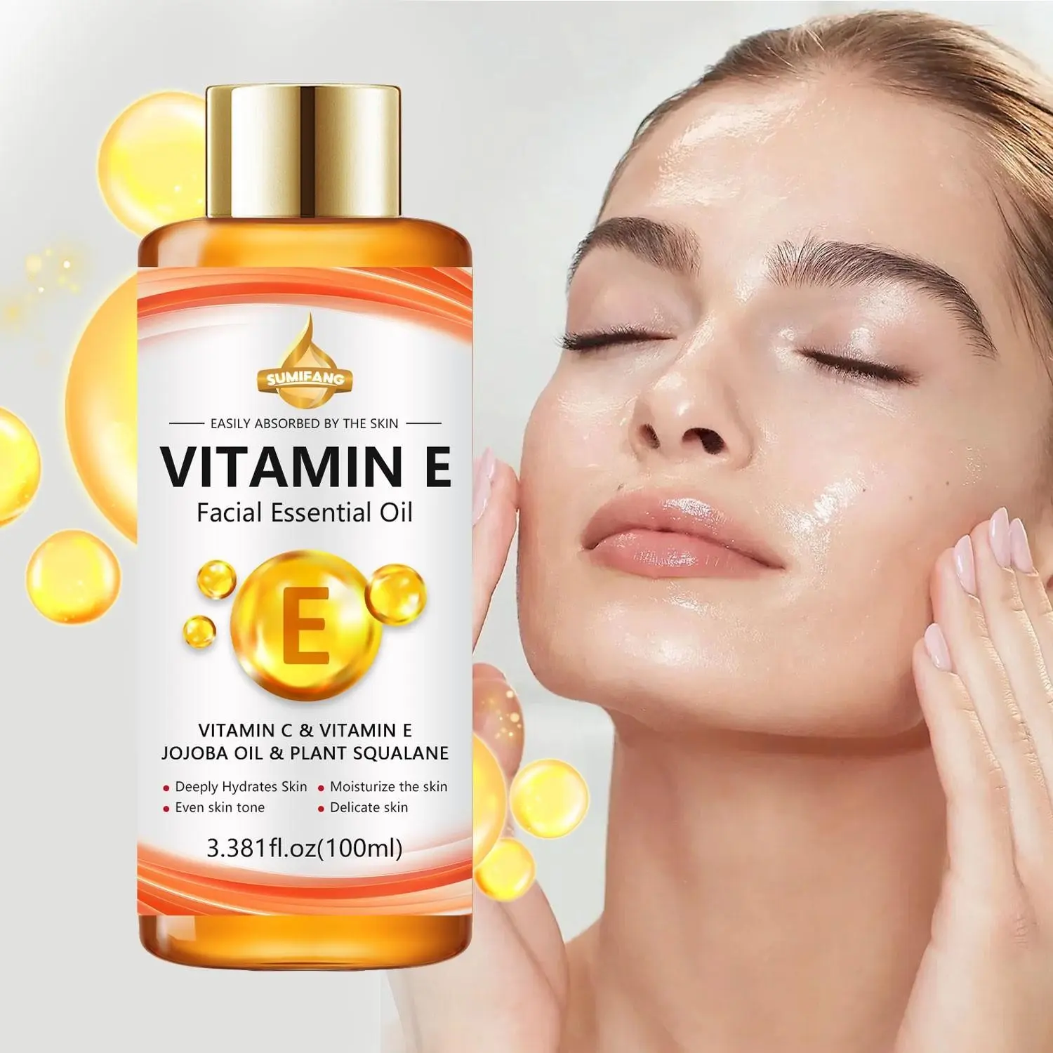SUMFANG Vitamin E Facial Oil, Moisturizing Serum, Face Care Products 100ml, Vitamin C + Jojoba Oil + Plant Squalane, deeply moisturizes, evens skin tone, nourishing, anti-oxidant and brightening, smooth radiant complexion
