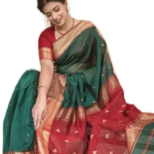 Soft Lichi Silk Saree with Blouse Piece Fals and Piko Done in Green and Red Color Block Design. Saree length: 5.5 meters