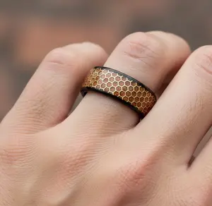 Men's Honeycomb Ring, Bee Hive Pattern Wood Tungsten Wedding Band, Engagement Ring Rosewood Inlay Men's Ring, Black Tungsten Band, Wood Wedding Ring, Mens Promise Ring