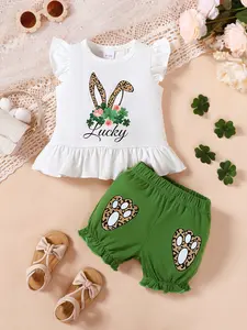 Ready Stock 6m-3y Toddler Girl St. Patrick's Day 2-Piece Set Leopard Bunny & Clover "Lucky" Print Ruffled Top & Shorts 22412072