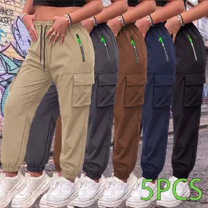 Pack of 5 women’s summer cargo jogger pants with zippered pockets, stylish large pocket design, elastic waistband with stretch, casual outdoor/everyday wear slim-fit long pants