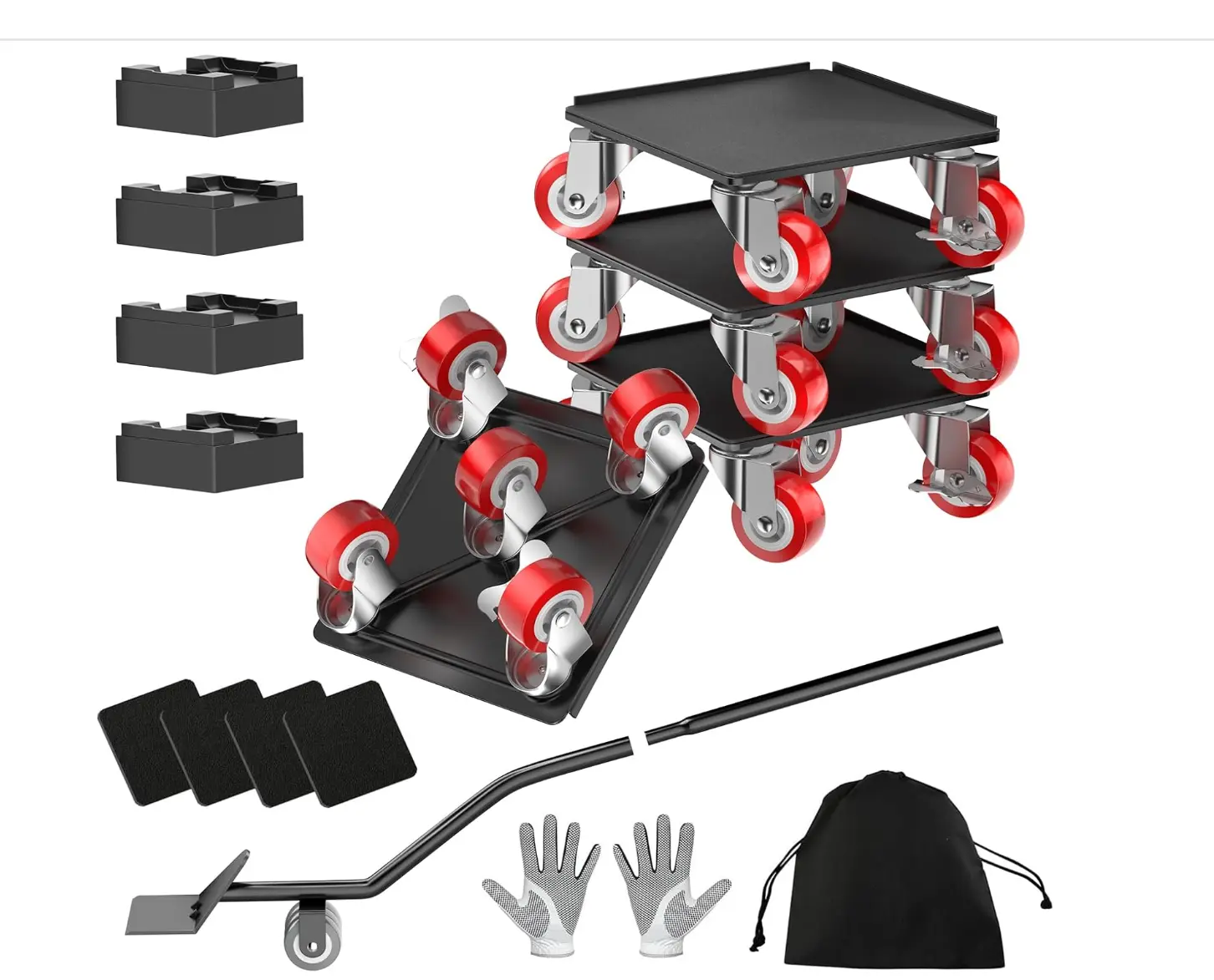 LOYAL TIGER 1500LBS Heavy Duty Furniture Dolly Movers Set with Lifter, 5-Wheel Carbon Steel Moving Rollers with Locking Casters for Refrigerator, Washer, Sofa & Cabinet(5.4 Inch, Red)