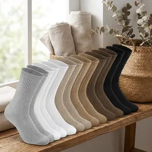 Women's Lady Cotton Crew Socks - 6 Pairs Long, Cute, Aesthetic Neutral Athletic Boot Socks, Comfortable Breathable Everyday Wear, Perfect for Casual, Sports Use, Festive Stocking Stuffers Gifts