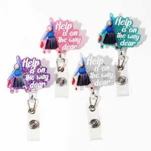 Help is On The Way Badge Holder, 4 Counts Glitter Identification Badges & Supplies for Social/Office Worker, Student Badge Pins, Funny Nurse Gift, Retractable Badge Holder, Classroom Supplies