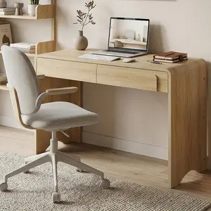 Computer Desk with 2 Drawers, 47 Inch Wood Home Office Desk, Small Writing Table with Curved Handles & Waterfall Rounded Edges, Cute Modern Desks for Bedroom Study Living Room, Oak