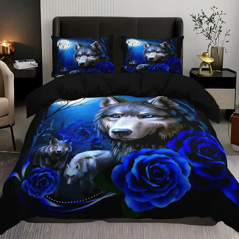 Wolf & Rose Print Bedding Set, 3 Counts Soft Comfortable Duvet Cover & Pillowcases without Filler, Home Decor Modern Trendy Warm Duvet Cover Set, Bedd