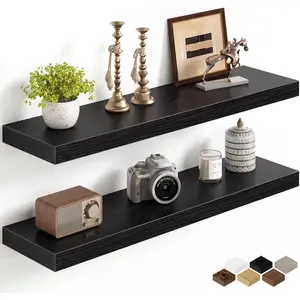 32Inch Floating Shelves for Wall, 8 Inch Deep Shelves for Bathroom | Bedroom | Kitchen Wall Mounted, Wood Hanging Shelf with Invisible Brackets for Home Storage Decor, Black - 2 Pack