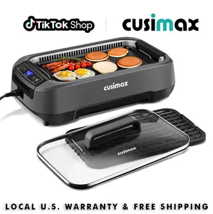 CUSIMAX 1500W Smokeless Electric Indoor Grill - Korean BBQ Style, Small Footprint, Non-Stick Removable Plate, LED Display, Tempered Glass Lid, Grill Rack, Grey for Indoor Cooking, Summer Use, Grills
