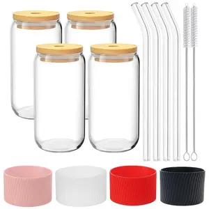 Glass Cups with Lids and Glass Straw, 1/4 Pack Beer Can Drinking Glasses, 16oz Beer Glasses, Iced Coffee Cups, Glass Tumblers Cups for Cocktail, Whiskey, Tea, Ribbed Glass Cup