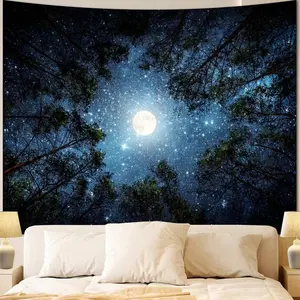 Forest Galaxy Starry Tapestry for Bedroom Ceiling, Blue Space Night Starry Sky Moon Stars Tapestry Aesthetic, Tree Forest Milky Way Backdrop Wall Hanging for Dorm Living Room Decor (51 X 60) Decoration Home