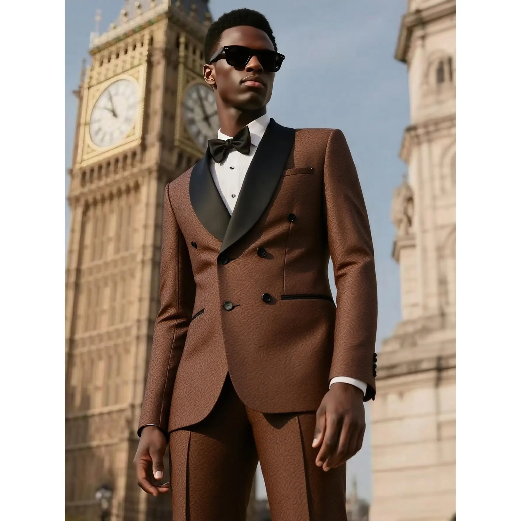 Men's Slim Fit 2-Piece Suit, Double-Breasted Floral Jacquard Blazer with a Shawl Lapel, Formal Wear for Wedding & Prom Party, Shirt, Long Sleeve, Tie, Menswear, Workwear, Office, Soft