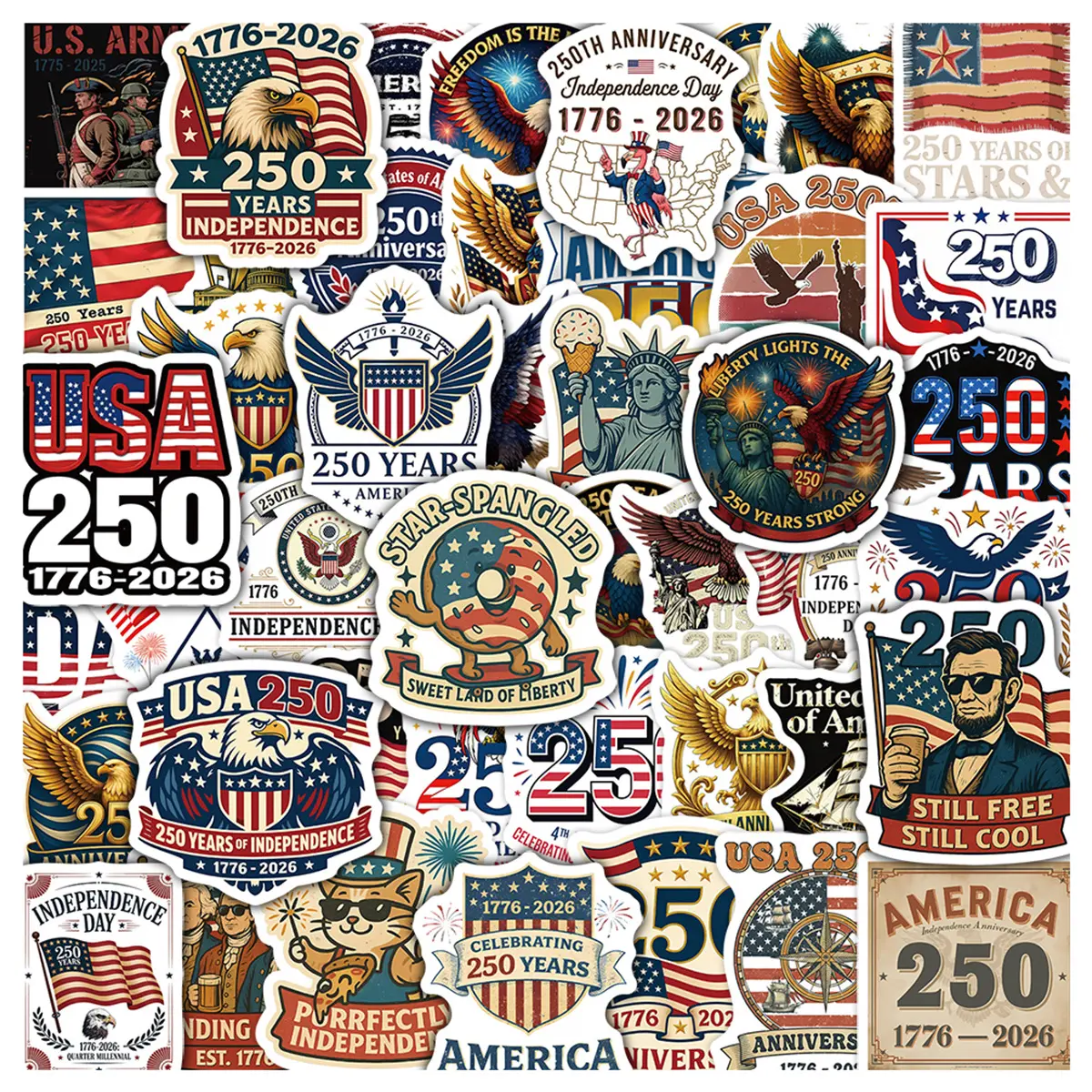 50 Stickers Decals Featuring The American 250th Anniversary Graffiti Flag Elements, Suitable for Scrapbooks, Diaries, Laptops, Water Bottles, Cars, and Other Faith-based Designs—gifts with Positive Messages.