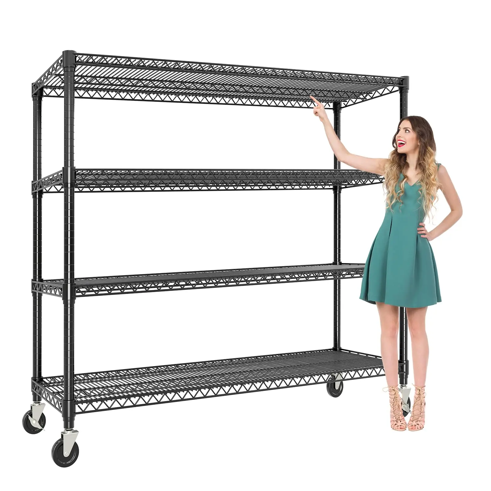 Gaomon Industrial 59in Wide Carbon Steel 4-Layer Heavy-Duty Metal Shelf Organizer Unit with Wheels, 2640 lbs Capacity (660 lbs Per Layer), Adjustable Commercial-Grade Floor Rack with Clips & Wire Mesh for Garage Organization, Commercial Use, 59" Wide, She