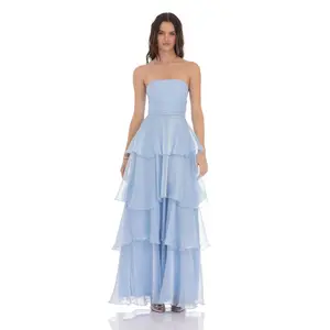 Corset Ruffle Strapless Maxi Dress in Sky Blue