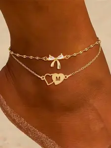 2 Piece Set Heart Initial Bow Ankle Chain, Fashion Stainless Steel Multi-Layer Anklet, Casual All Seasons Jewelry for Women, Trendy Jewelry