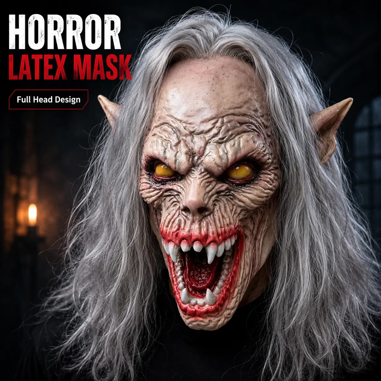 Horror Latex Mask Vampire Full Head Monster Face with Long Gray Hair Pointed Ears Halloween Cosplay Party Costume Prop Adult