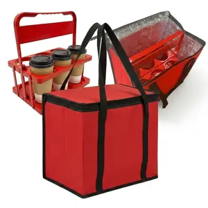 JoEzzy Insulated Delivery Bag & 6-Cup Drink Carrier Set – Thermal Food Warmer & Leak-Proof Beverage Caddy – Professional Bundle for Food Delivery, Catering & Picnics - Red