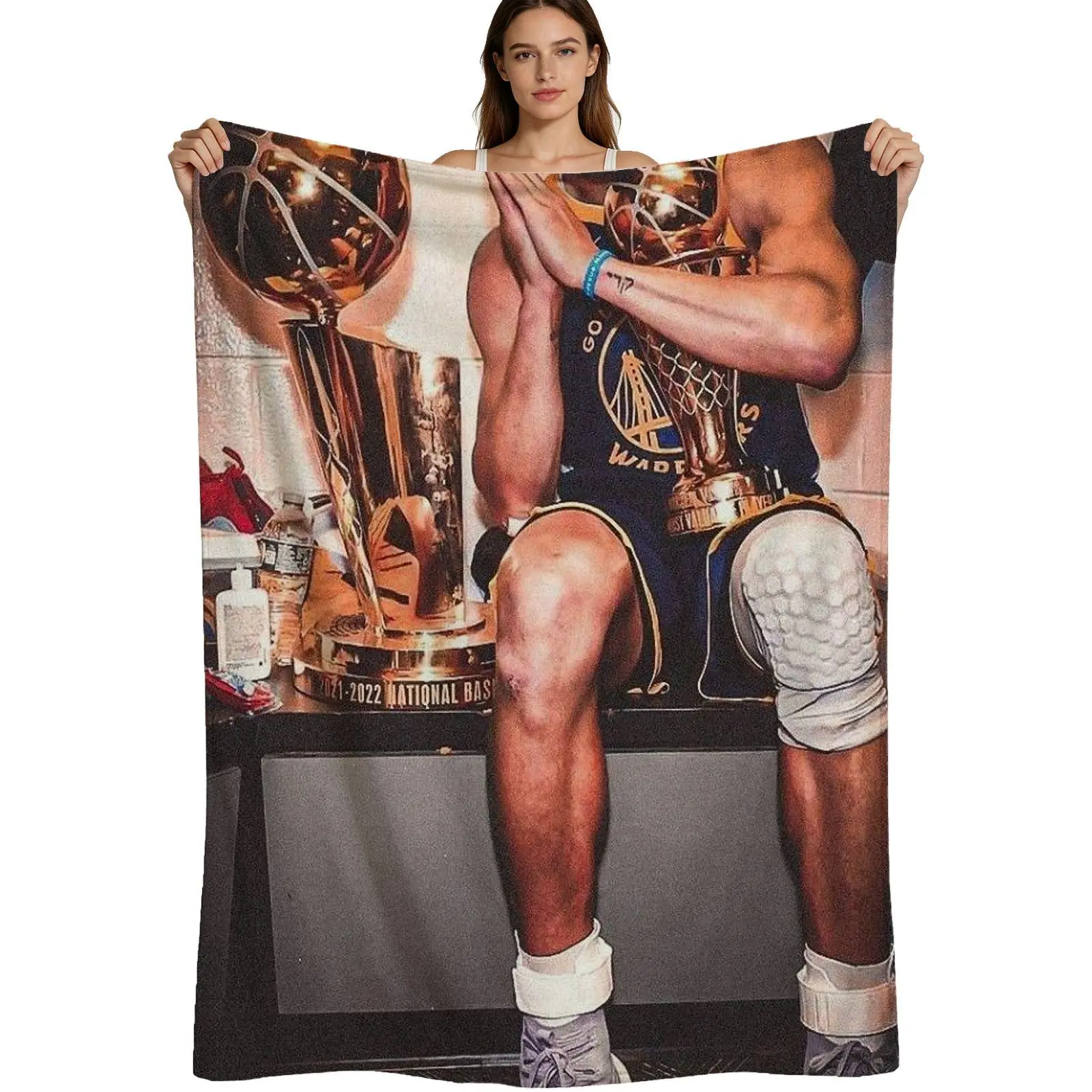 Nba Champion Style, Warm Flannel Blanket, Stephen Curry Trophy Celebration Print, Soft Brushed Fabric With Vibrant Digital Printing, For Basketball Fans And Home Decor, 4 Sizes Available Single Pack