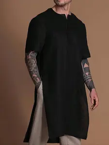 Men's Solid Color Notched Neck Robe, Casual Fashion Short Sleeve Robe for Daily Wear, Men's Islamic Clothing for All Seasons