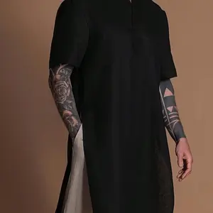 Men's Solid Color Notched Neck Robe, Casual Fashion Short Sleeve Robe for Daily Wear, Men's Islamic Clothing Thobe Gamis for All Seasons