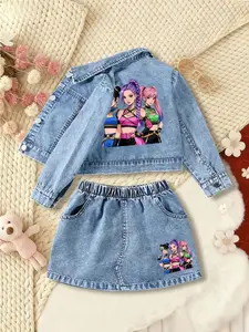 Girls' Gamer Girl Cartoon Graphic Denim Set - Cropped Jean Jacket & Skirt Two-Piece Outfit for Toddler & Little Girls