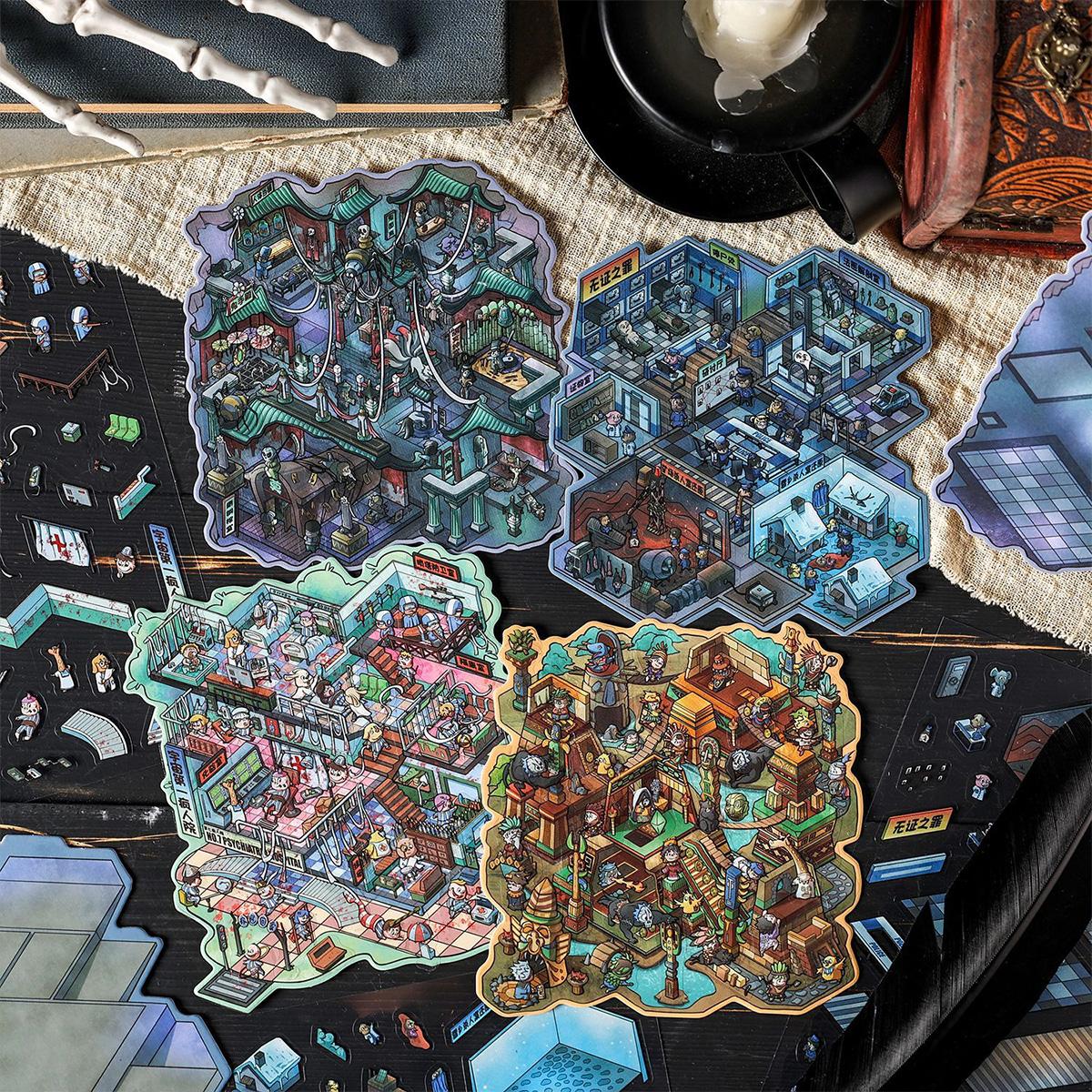 4-in-1 Miniature Scene Sticker Set, A Curated Collection of 3D Stickers for Scrapbooking & DIY Decals. Versatile & Creative Fun. (Tweezers Included)