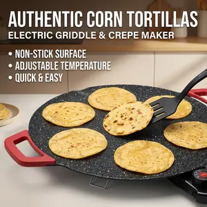 Round electric griddle with nonstick coating, dual heating zones, adjustable temperature, smokeless indoor grill, multifunctional taco, crepe, and pancake maker; ideal for cooking steaks, seafood, and family gatherings; easy-to-clean electric griddle.