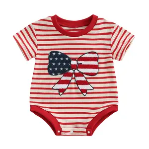 Newborn Infant Baby Girl Boy 4th of July Romper American Flag Bow Embroidery Striped Summer Onesie Clothes