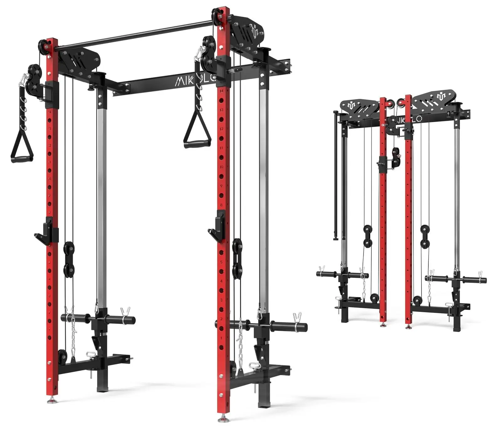 Mikolo Wall-Mounted Folding Squat Rack, Multifunctional Home Gym Equipment with Cable Crossover & LAT Pulldown, 5 Adjustable Modes, Space-Saving Foldable Metal Exercise Machine for Fitness