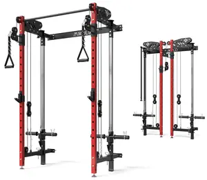 Mikolo Wall-Mounted Folding Squat Rack, Multifunctional Home Gym Equipment with Cable Crossover & LAT Pulldown, 5 Adjustable Modes, Space-Saving Foldable Metal Exercise Machine for Fitness