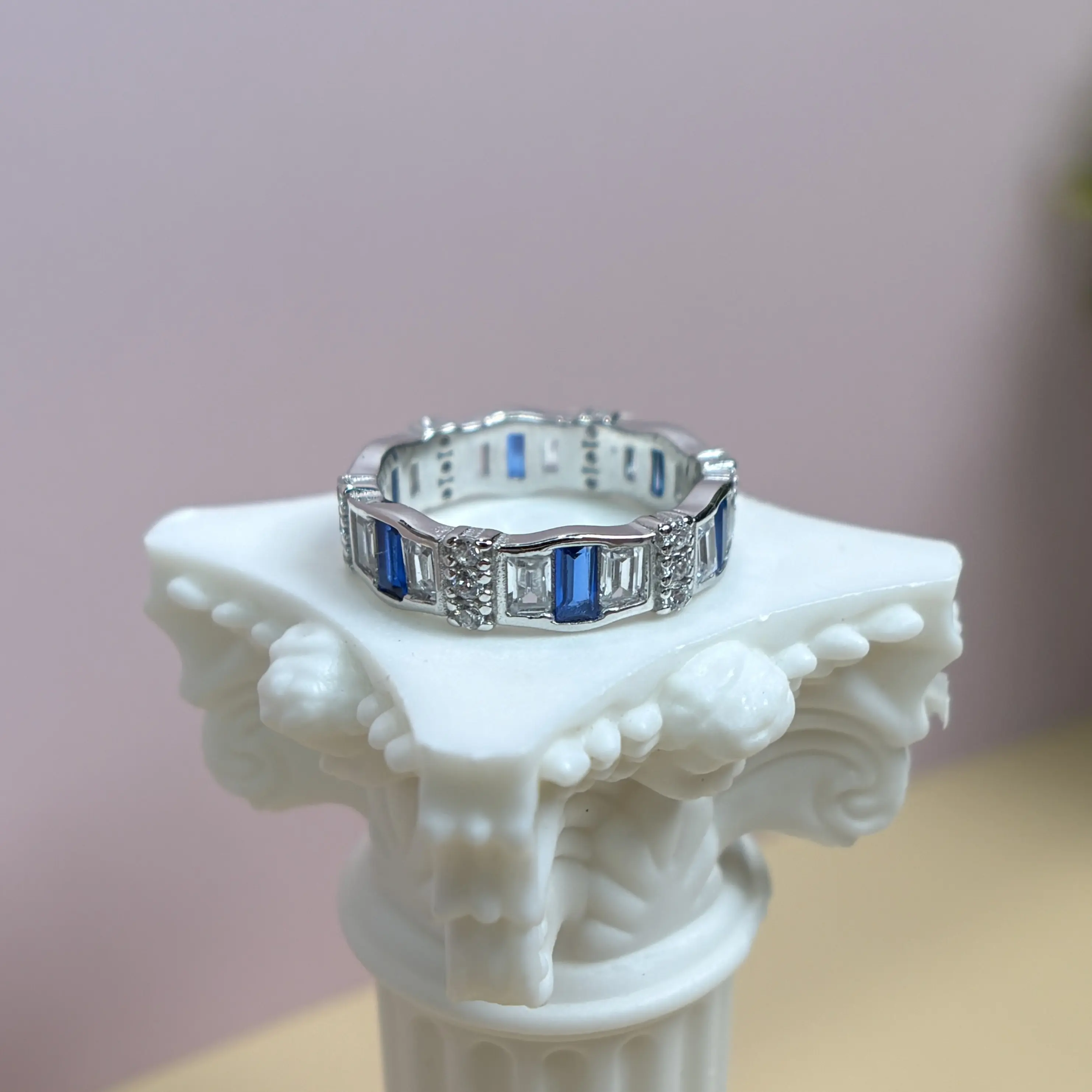 Sterling Silver Baguette Eternity Ring, Sapphire Art Deco Band, Minimalist Stacking Ring