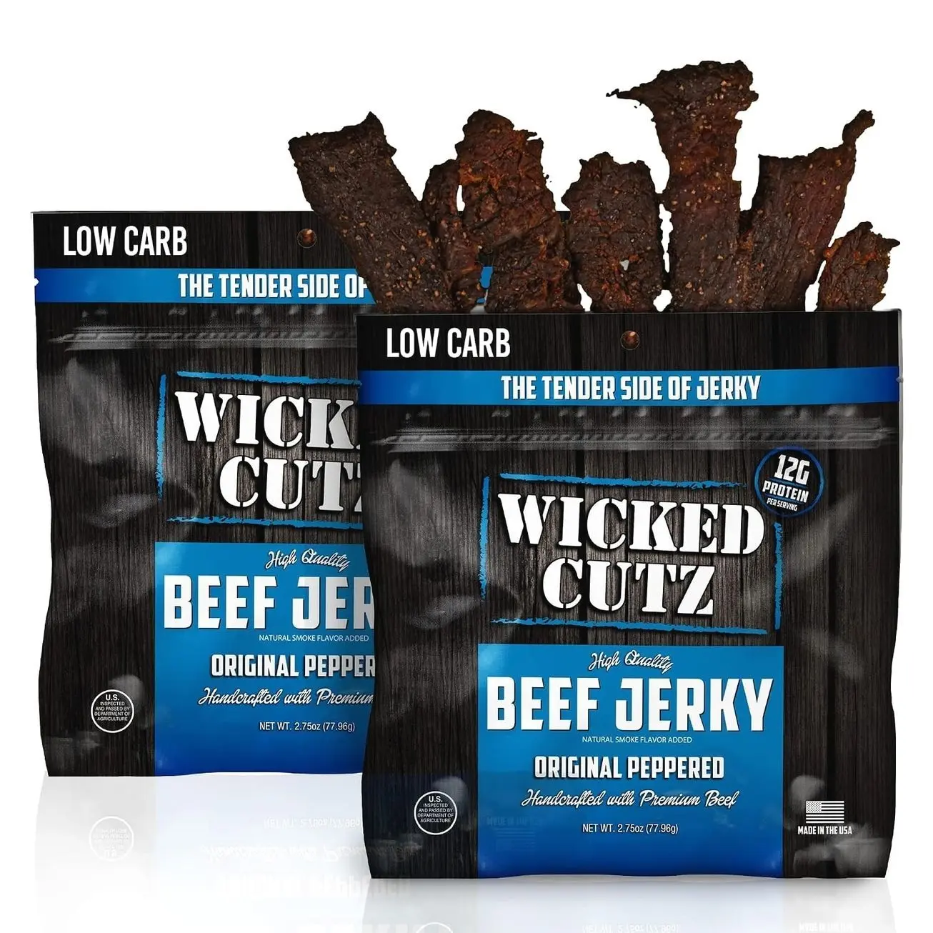 Wicked Cutz Original Peppered Beef Jerky, 36g Protein Per Bag, Tender & Easy to Chew Alternative to Beef Sticks, USA Made High Protein Carnivore Snacks (2 Bags)