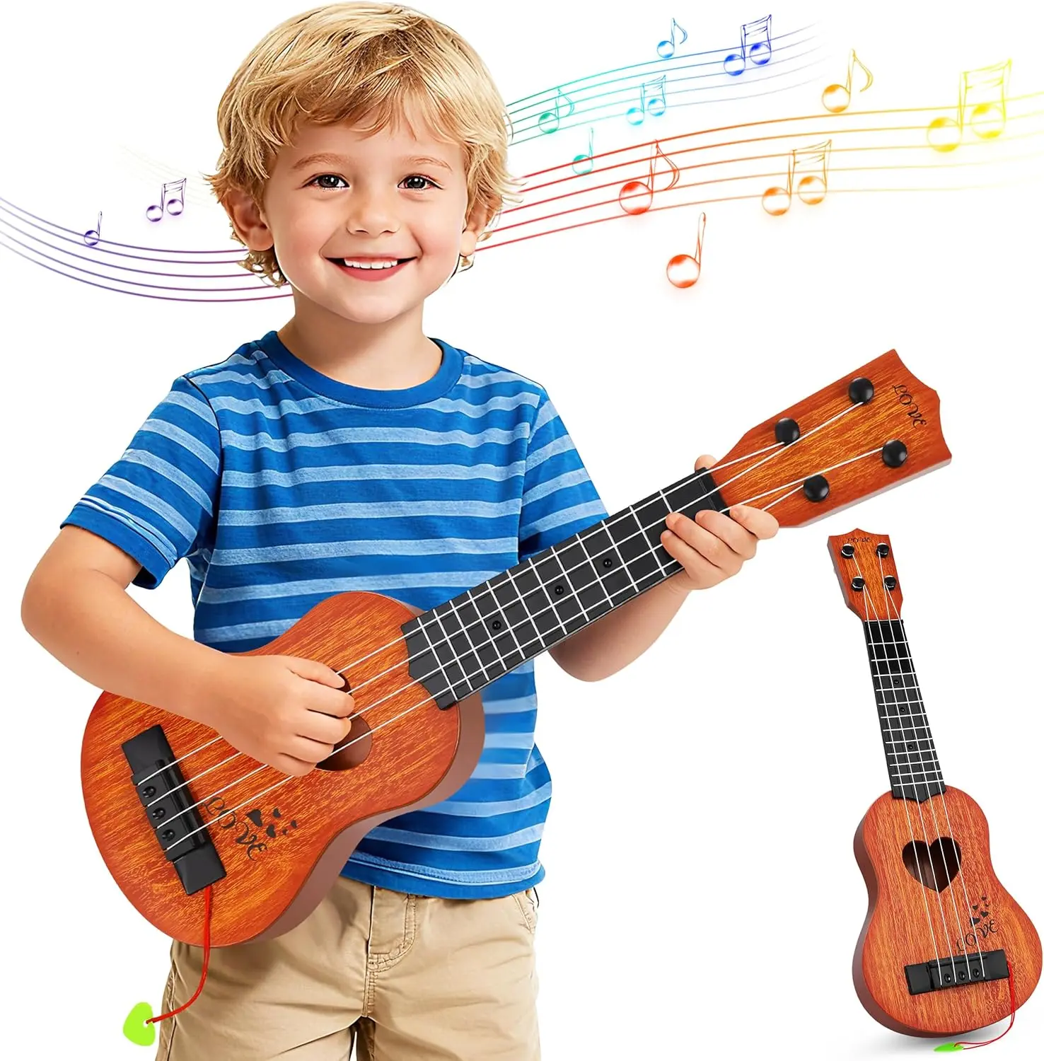 Classical ABS Plastic Ukulele for Kids - Finger-Safe Mini Toddler Guitar Toy with Pick, 4 Carbon Nylon Strings, Rhythm-Focused Educational Musical Instrument for Preschoolers Ages 3-6+, Encourages Creativity, Brown, Ideal for Birthday/Christmas Gifts, Dev