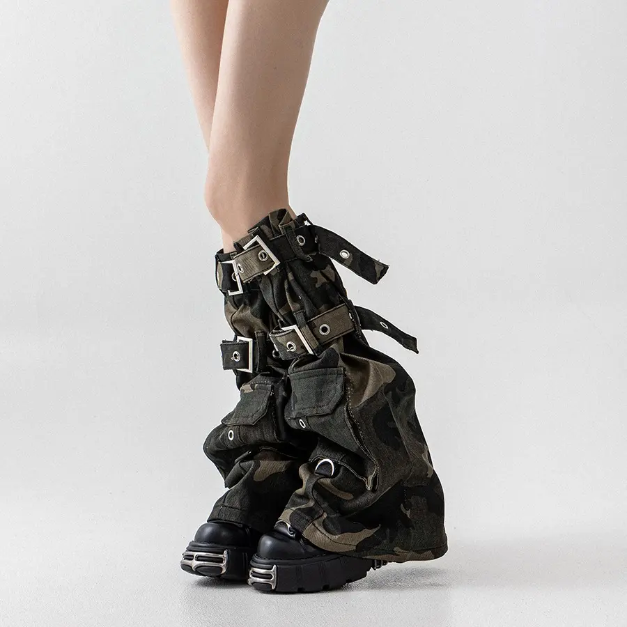 Heavyweight Camo Washed Denim Leg Warmers For Women Distressed Treatment TieUp Sock Sleeves Wasteland Punk Baddie Unique Subculture Techwear Style SpringSummer Fashionable Design