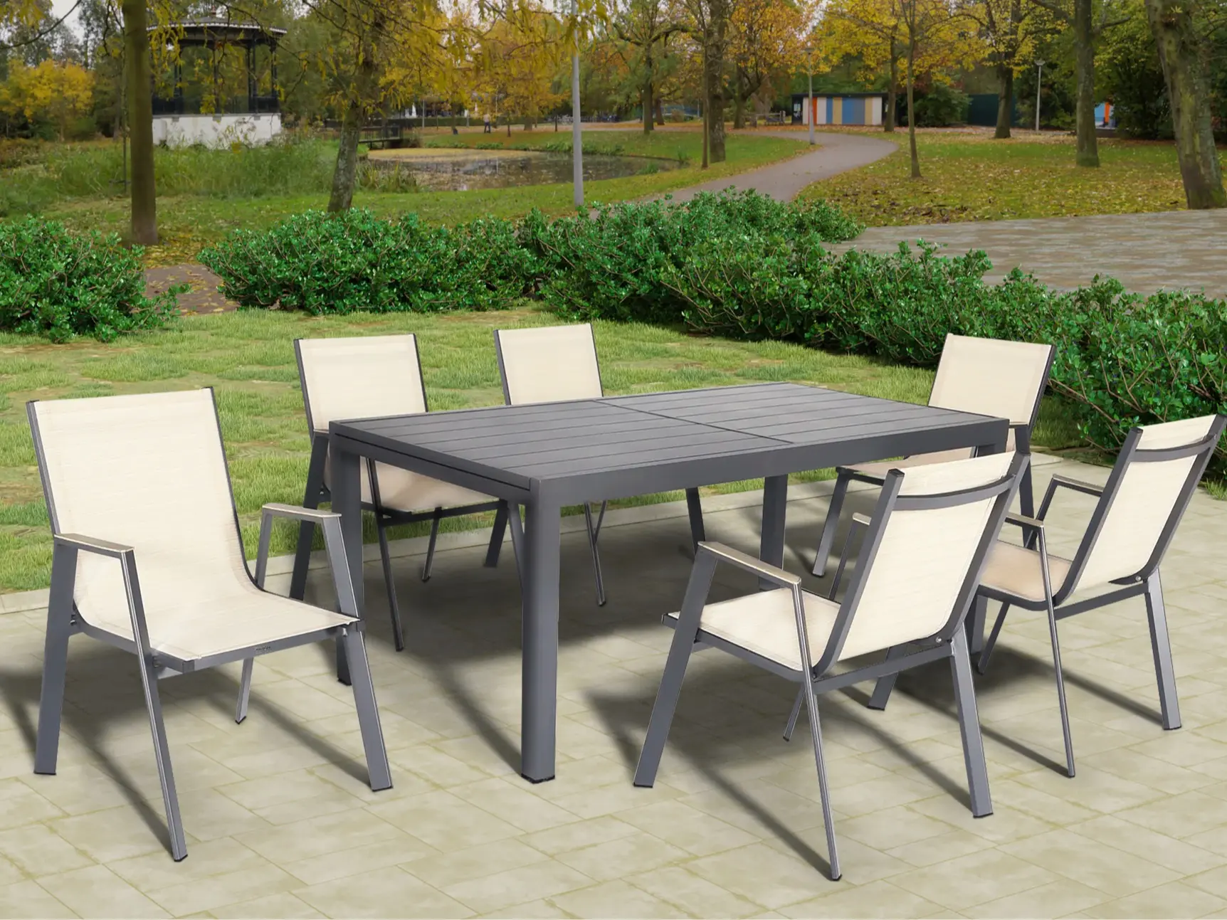 ALFOYARD 7-Piece Aluminum Outdoor Patio Dining Set – Extendable Table with Umbrella Hole, Weather-Resistant Textilene Chairs,
