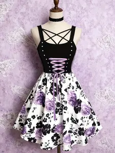 Vintage Rose Floral Print Dress, Spring Summer Women's Printed Dress, Waist Cinched Fitted Slim Fit Maxi Dress, Perfect for Vacation Casual, Casual Dress Style