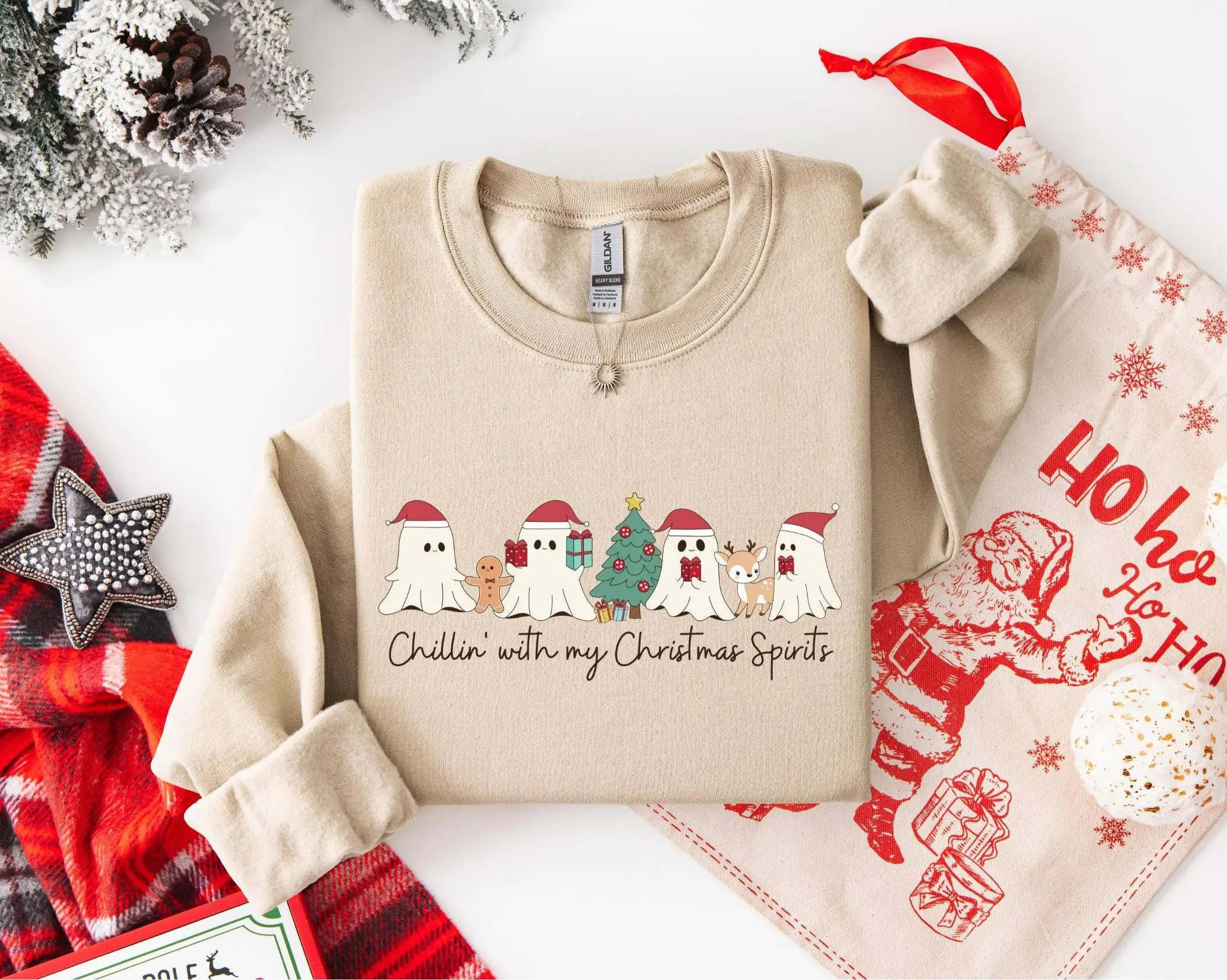 Chillin with My Christmas Spirits Sweatshirt, Funny Christmas Ghosts Sweatshirt, Funny Christmas Tee, Christmas Vibes T-Shirt, Merry Christmas Ghost Shirt Print Tee, Andrew Clothings