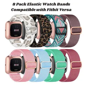8 Pack Elastic Watch Bands Compatible with Fitbit Versa – Adjustable Nylon Braided Solo Loop Sport Straps, Soft Replacement Wristbands for Women & Men Smartwatch