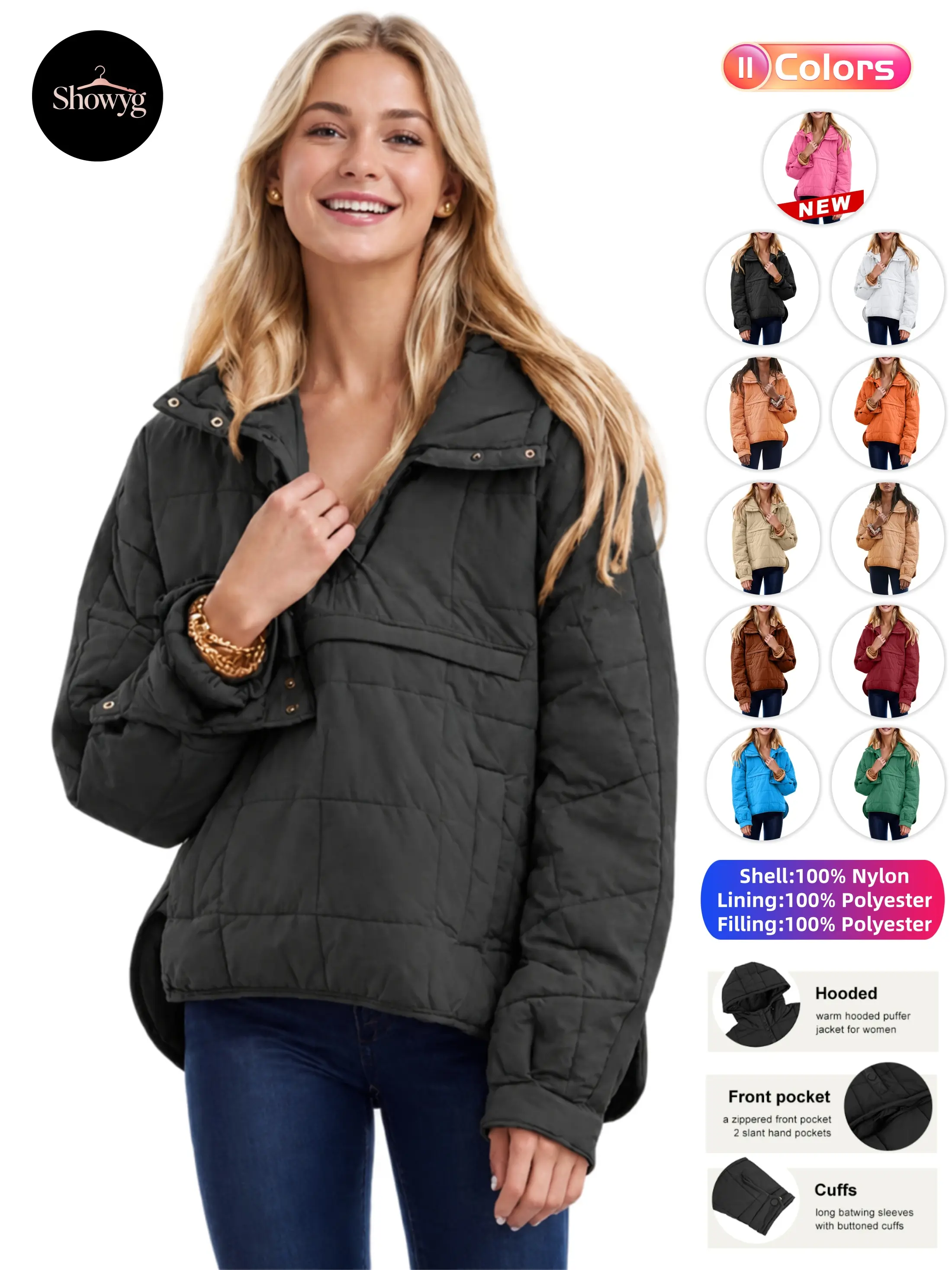 Showyg Women's Minimalist Basic Oversized Long Sleeve Hooded Quilted Puffer Jacket, Lightweight Packable Snap-Collar Padded Coat with Pockets, Machine Wash Casual Autumn Winter Daily Outerwear