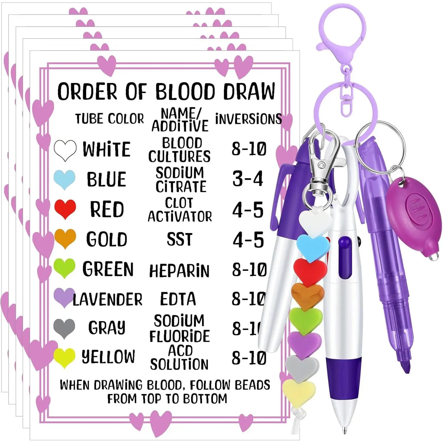7 count Nurse Accessories Set for Badge Include Highlighter, Order of  Draw Beads with Reference Card, Marker Pen, Retractable Ball Pen, Key Chain Clip, LED Flashlight (Purple)